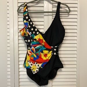 The Slimsuit Vintage Black Bright Abstract Floral Print One Piece Swimsuit 14
